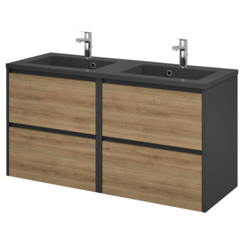 Tiger Reverse meubelset 2x 60 cm met 4 lades chalet eik/mat zwart en 2 Quadro wastafels mat zwart