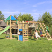 Speeltoestel Jungle Gym Explorer met groene glijbaan en klimrek van grenenhout