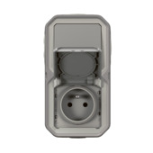 Legrand Plexo opbouw wisselschakelaar + opbouwstopcontact 2-polig met aarding verticaal spuitwaterdicht grijs