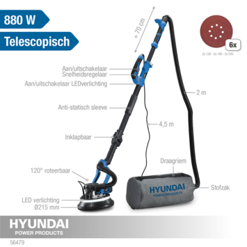 Ponceuse Girafe Murale Et Plafond 880W - Aspirateur Intégré - Poignée Télescopique - 5 Vitesses (1000-2100 Tr/min) - Pour Placo, Plâtre, Enduits