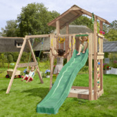 Aire de jeux Jungle Gym Chalet douglas avec toboggan vert foncé et 1 module balançoire