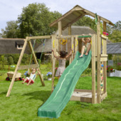 Speeltoestel Jungle Gym Chalet grenen geïmpregneerd met glijbaan donker groen en 1-schommel module