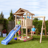 Aire de jeux Jungle Gym House douglas avec toboggan bleu et 1 module balançoire