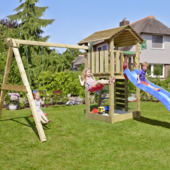 Speeltoestel Jungle Gym Cottage grenen geïmpregneerd met glijbaan blauw en 2-schommel module