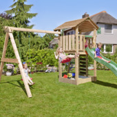 Aire de jeux Jungle Gym Cottage douglas avec toboggan vert foncé et 2 modules balançoire