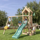 Aire de jeux Jungle Gym Totem douglas avec toboggan vert foncé et 2 modules balançoire