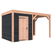 Tuinhuis met overkapping Douglas hout Zweeds rabat onbehandeld zwart 445 x 255 cm