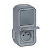 Legrand Plexo opbouwschakelaar 2-polig + opbouwstopcontact 2-polig met aarding verticaal spuitwaterdicht grijs