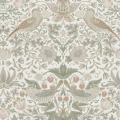 Papier peint intissé William Morris at Home Strawberry Thief vert sauge/rose (dessin 124233)