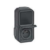 Legrand Plexo opbouw wisselschakelaar + opbouwstopcontact 2-polig met aarding verticaal spuitwaterdicht grijs
