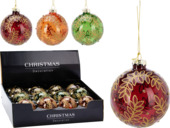 Kerstbal glas met planten glitter design rood oranje groen mix Ø 8 cm per stuk