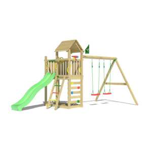 Speeltoestel Jungle Gym Safari met groene glijbaan en dubbele schommels van grenenhout