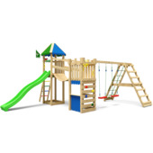Speeltoestel Jungle Gym Explorer met groene glijbaan en klimrek van grenenhout
