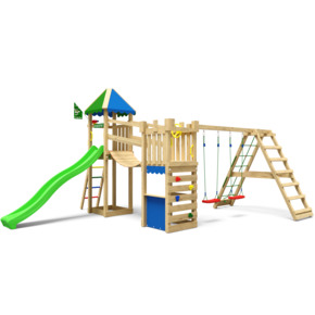 Speeltoestel Jungle Gym Explorer met groene glijbaan en klimrek van grenenhout