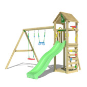 Speeltoestel Jungle Gym Cocoon met groene glijbaan en dubbele schommel van grenenhout