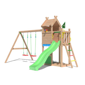 Speeltoestel Jungle Gym Resort met groene glijbaan en dubbele schommel van douglashout
