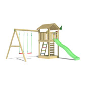 Speeltoestel Jungle Gym Cottage grenen geïmpregneerd met glijbaan groen en 2-schommel module