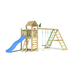 Speeltoestel Jungle Gym Safari met blauwe glijbaan en klimrek van grenenhout