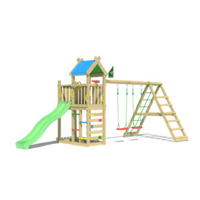 Speeltoestel Jungle Gym Nomad met groene glijbaan en klimrek van grenenhout